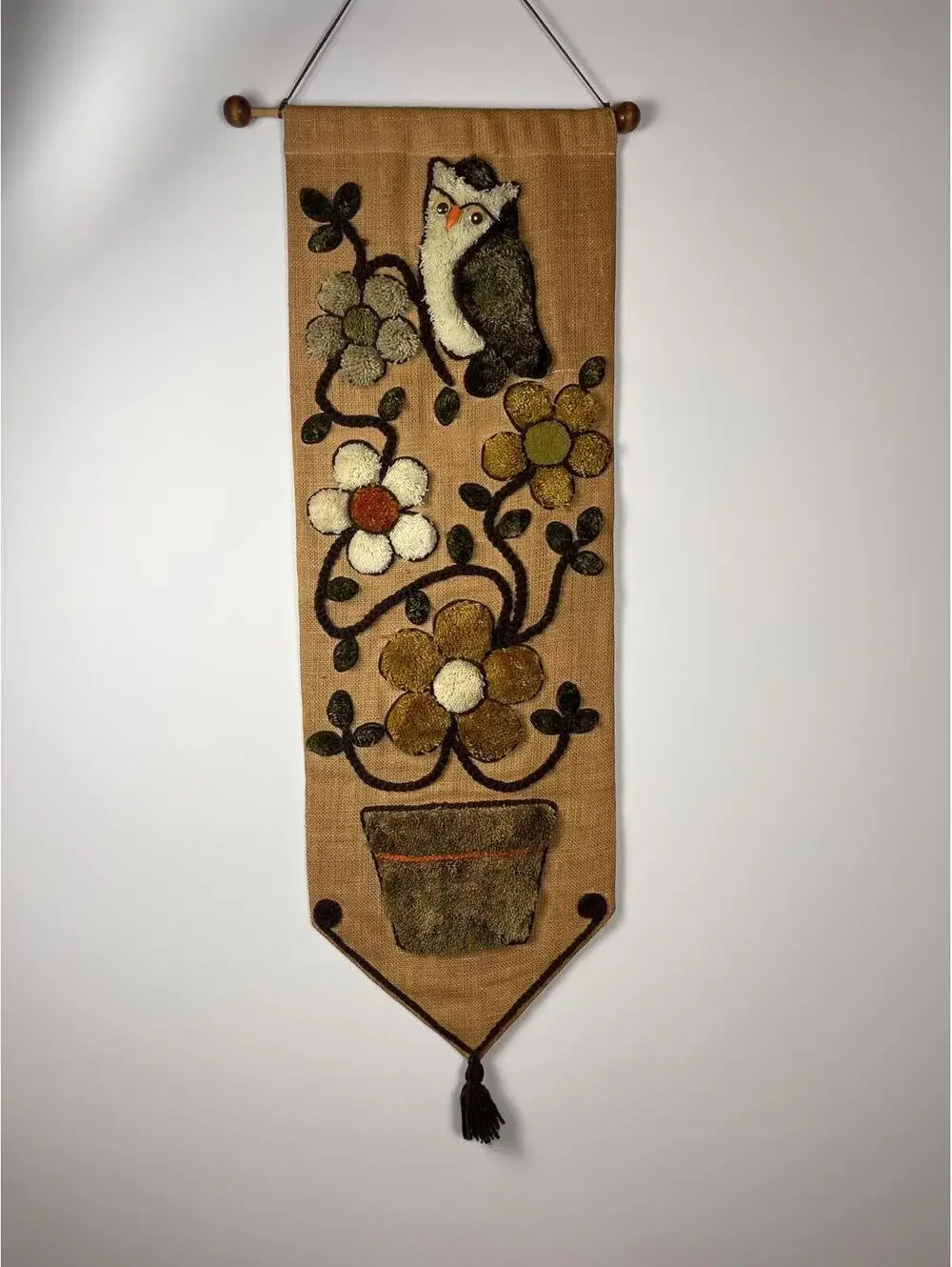 Vintage 1970s Owl Burlap Wall Hanging Handmade Boho Fiber Art Textile Decor
